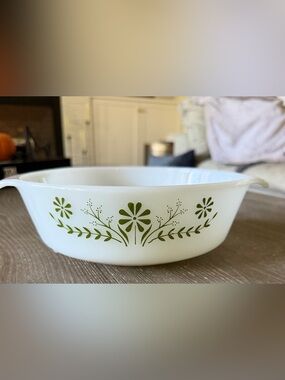 Vintage Glasbake Round Casserole Dish #437-Milk Glass-Green Daisy